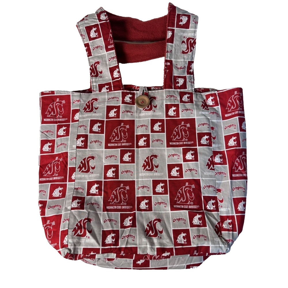 Washington State University Cougars Tote Bag WSU Logo Fleece Handles Wood Button